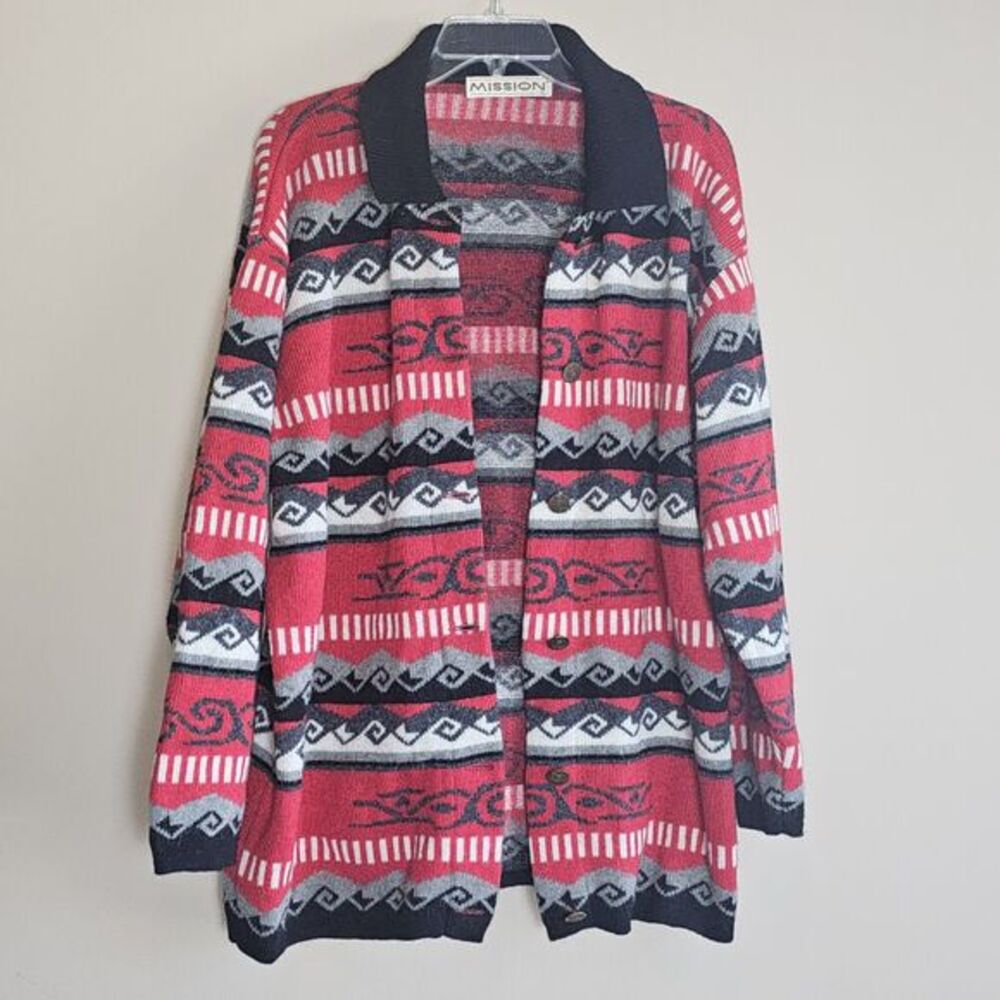 Mission Sportswear Cardigan Sweater Mens XLarge Aztec‎ Button Up Wool Blend
